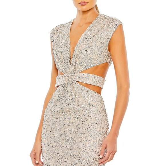 MAC DUGGAL Sequin Cutout Trumpet Gown in Nude/Silver Size US 10 NWT - Picture 3 of 10